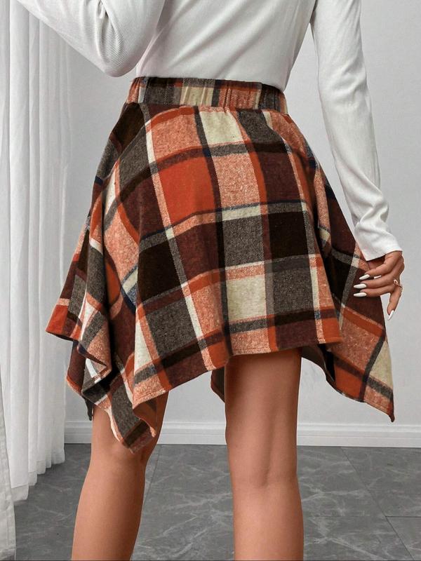 Women's Plaid Print Asymmetrical Hem Skirt, Casual High Waist Short Skirt for Fall & Winter, Women's Bottoms for Daily Wear