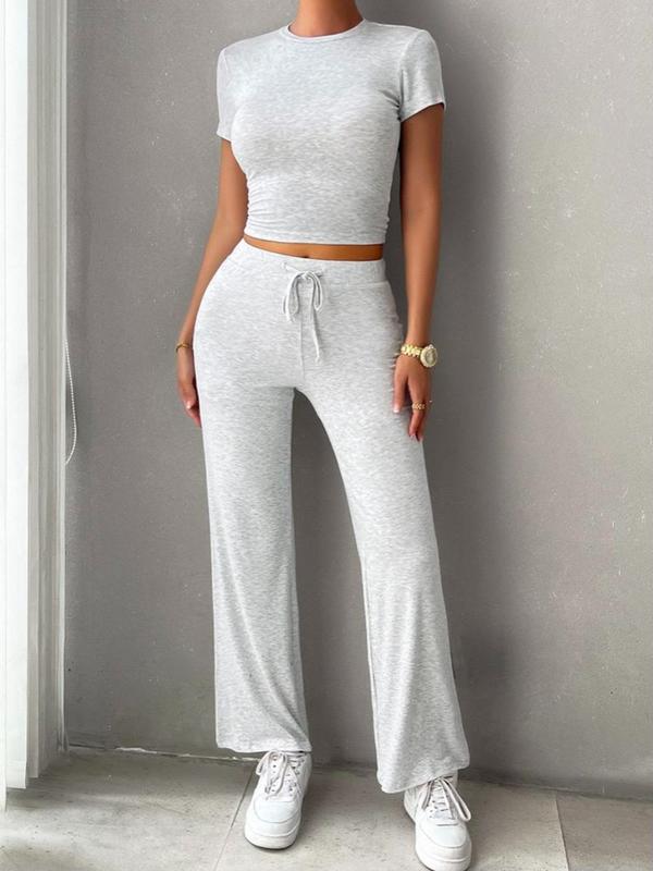 Two-piece Set Women's Solid Round Neck Crop Tee & Drawstring Waist Straight Leg Pants, Casual Comfy Short Sleeve T-shirt & Trousers Pj Set, Ladies Sleepwear for All Seasons