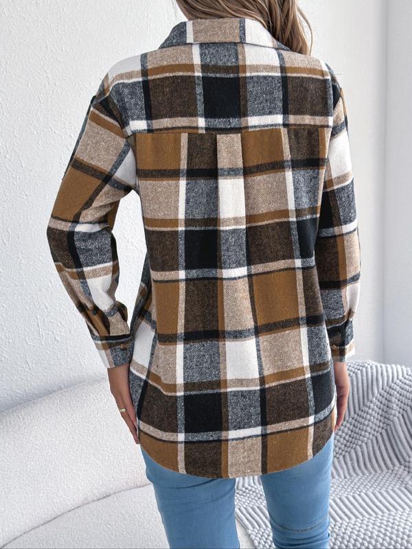 Women's Color-blocked Plaid Print Button Front Drop Shoulder Shirt Coat, Casual Long Sleeve Collared Flannel Outerwear for Fall & Winter, Ladies Clothes for Daily Wear