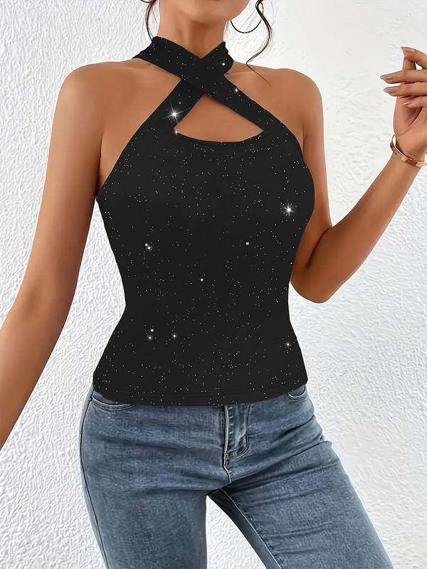 Women's Glitter Sequin Decor Criss Cross Cut Out Halter Neck Tank Top, Fashion Casual Sleeveless Top for Daily Wear, Ladies Clothes for All Seasons