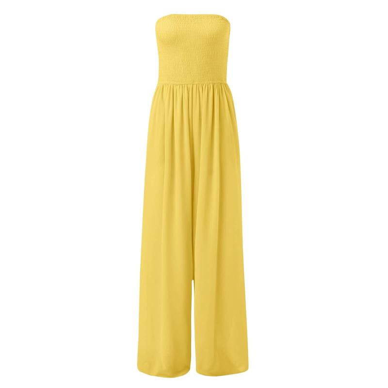 Echoine Strapless Wide Leg Jumpsuit with Pockets Plain Tube Smocked Chiffon Sheer Stretchy Flowy Loose Minimalist Womenswear Basic Dress Check Piece