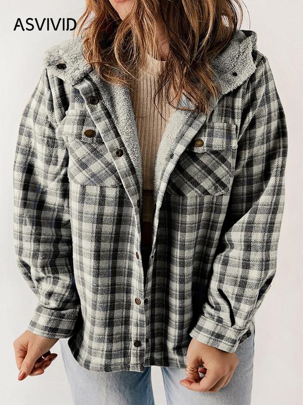  Plus Size Plaid Print Button Front Drop Shoulder Fuzzy Hooded Coat, Casual Long Sleeve Pocket Outerwear for Fall & Winter, Women's Clothes for Daily Wear