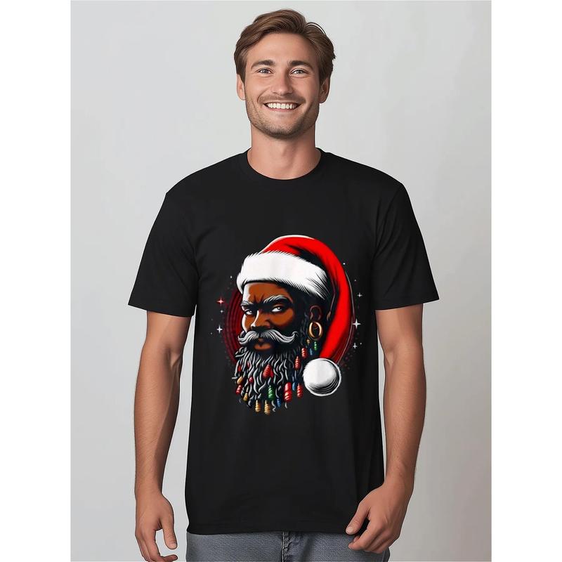 Santa Christmas African American Pyjamas Cool Black X-Mas T-Shirt, 100% Cotton, Halloween Thanksgiving Christmas Gift for Men Women Family Friends, S-XXXL, Black