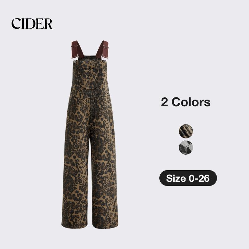 Cider [size 0-26] Oversized Denim Leopard Pocket Buckle Up Wide Leg Jumpsuit, Womenswear Overalls