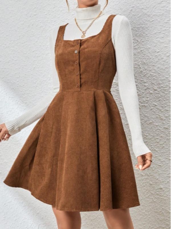 Women's Plain Button Front Corduroy Dress without Inner Top, Cute Square Neck Pleated Tank Dress for Daily Wear, Ladies Clothes for All Seasons