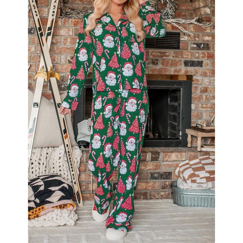 Women Christmas Pajamas Set Santa Christmas Tree Print Long Sleeve Button Up Shirt + Elastic Waist Pants 2 Piece Loungewear Outfit