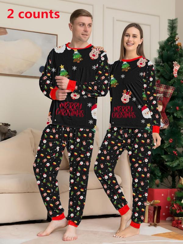 Two-piece Set Couple's Christmas Print Pajama Set, Casual Comfy Long Sleeve Crew Neck Sleep Tee & Elastic Waist Pants PJ Set, Couple's Sleepwear for Spring & Fall