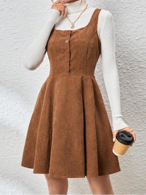 Women's Plain Button Front Corduroy Dress without Inner Top, Cute Square Neck Pleated Tank Dress for Daily Wear, Ladies Clothes for All Seasons