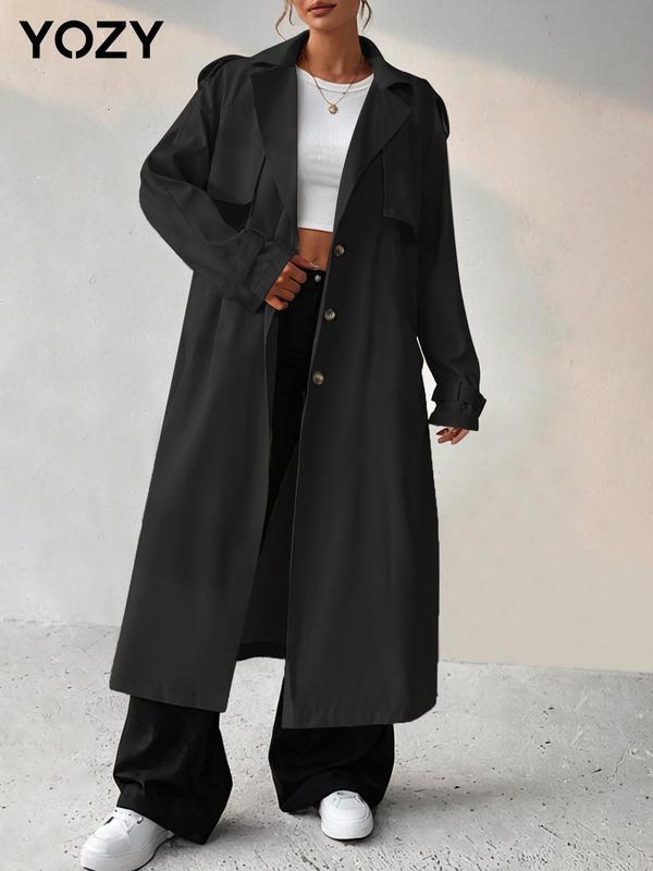 Christmas Deals, YOZY Women's Solid Button Front Belted Trench Coat, Casual Lapel Collar Long Sleeve Coat for Fall & Winter, Women's Clothing for Daily Wear, Christmas 2024 Trend, Christmas Clothes, Fall&Winter Clothes, Christmas Gift Ideas