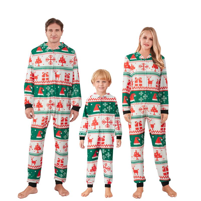 Family Christmas Pajamas, Long Sleeve Elk Christmas Tree Plaid Snowflake Print Hooded Jumpsuit Sleepwear Womenswear Check