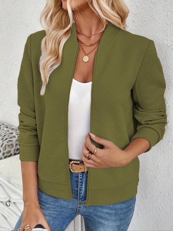 Women's Solid Jacquard Long Sleeve Zip Up Jacket, Casual Open Front Outerwear for Spring & Fall, Ladies Clothes for Daily Wear