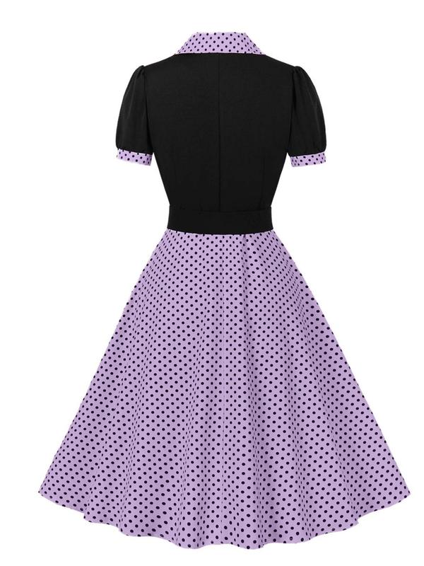 Plus Size Polka Dot Print Button Front Plicated Shirt Dress, Elegant Puff Sleeve Lapel Neckline High Waist A-line Dress for Party Holiday Wedding Guest, Women's Clothes for All Seasons