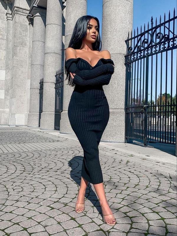 Women's Off Shoulder Backless Bodycon Dress, Solid Color Knitting Midi Dress for Party Club Dating Wear, Women's Clothing for Fall & Winter, Black Girl Outfits