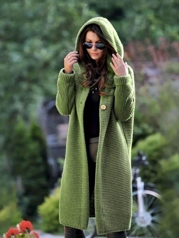 Women's Solid Button Front Drop Shoulder Hooded Cardigan, Casual Long Sleeve Open Front Cardigan, Women Knitwear for Fall & Winter