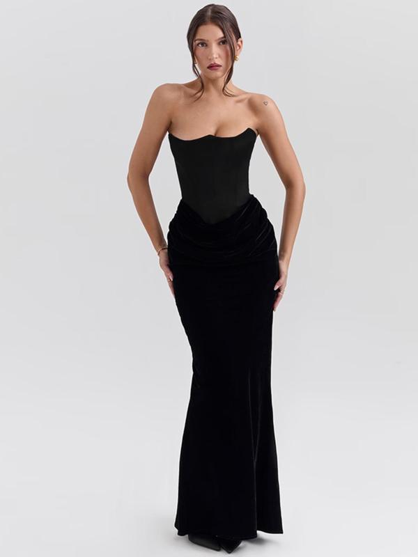 Women's Velvet Strapless Tube Dress, Elegant Backless Maxi Dress for Party Club Dating Wear, Ladies Clothes for All Seasons