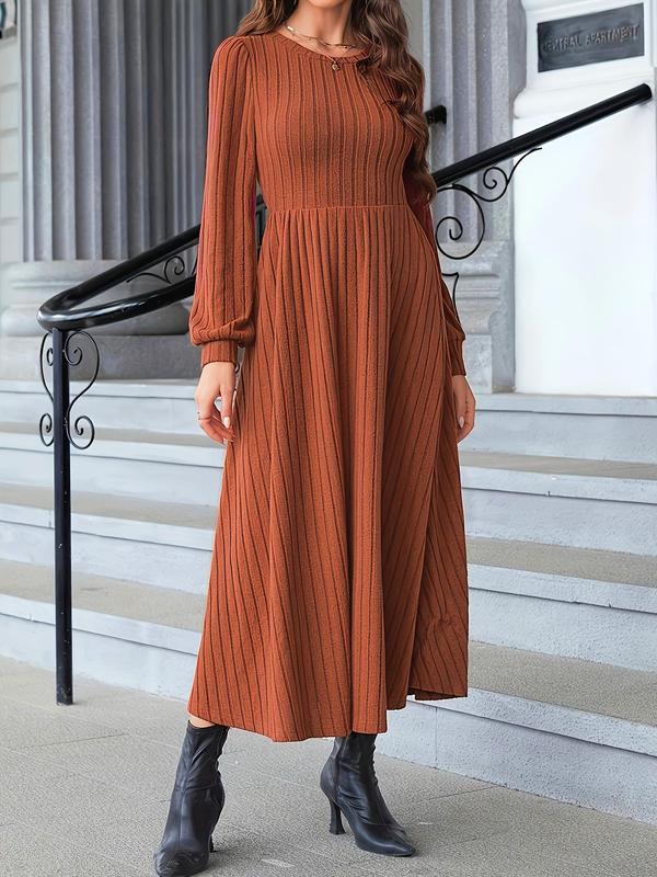 Women's Striped Print Long Sleeve Dress, Elegant Casual Ribbed Long Dress for Fall & Winter, Women's Clothing for Daily Wear