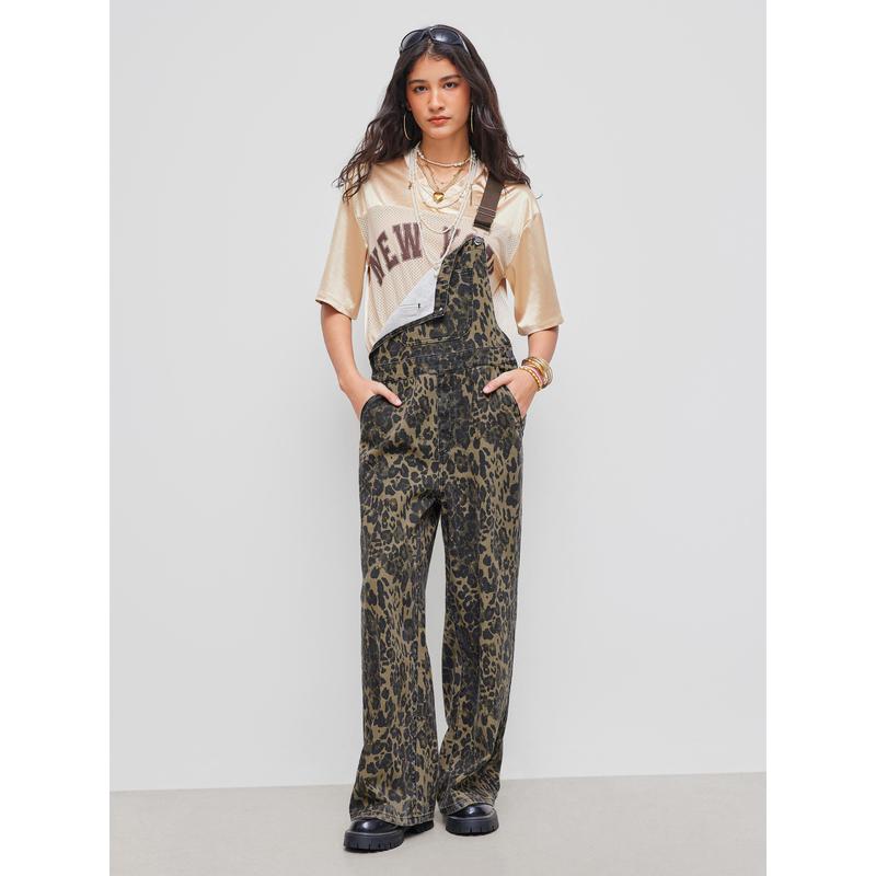 Cider [size 0-26] Oversized Denim Leopard Pocket Buckle Up Wide Leg Jumpsuit, Womenswear Overalls