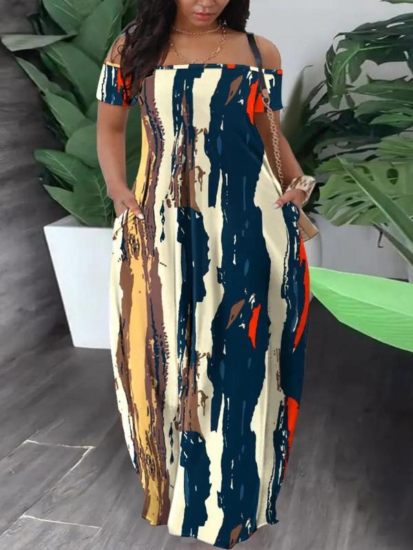  All Over Print Off Shoulder Camo Dress, Casual Loose Short Sleeve Long Dress for Summer, Back To School Outfits, Dresses for Women, Summer Dresses 2024, Women's Clothes for Daily Wear, Plus Size Fall Outfits 2024， Moo Moo Dresses