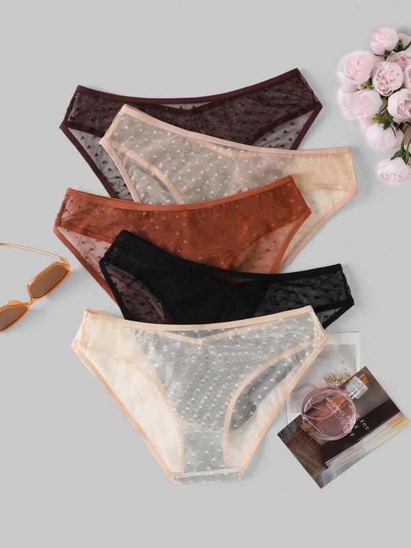 Women's 5pcs Heart Print Contrast Mesh V-waist Knicker, Soft Comfy Breathable Panty for Daily Wear, Underwear for All Seasons