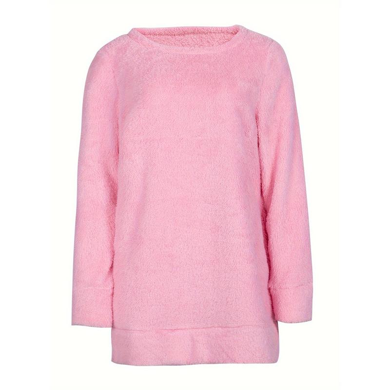 Casual solid fleece nightdress, thicken long sleeve round neck sleep dress with pockets, WOMEN'S sleepwear & dresses