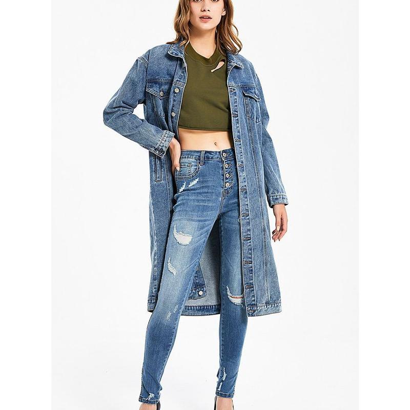 Hot Sale Long Denim Coat Female 2024 New Washed-out Vintage Slim Fashion Denim Top