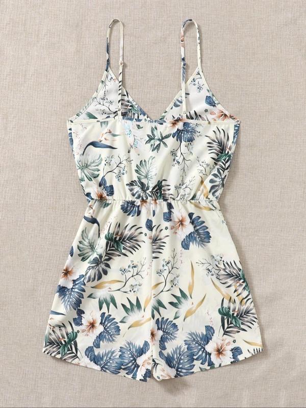 Women's Floral Print Ruched Wrap Vintage Cami Romper, Boho Casual Sleeveless Adjustable Strap Romper for Summer, Ladies Clothes for Beach Holiday Vacation