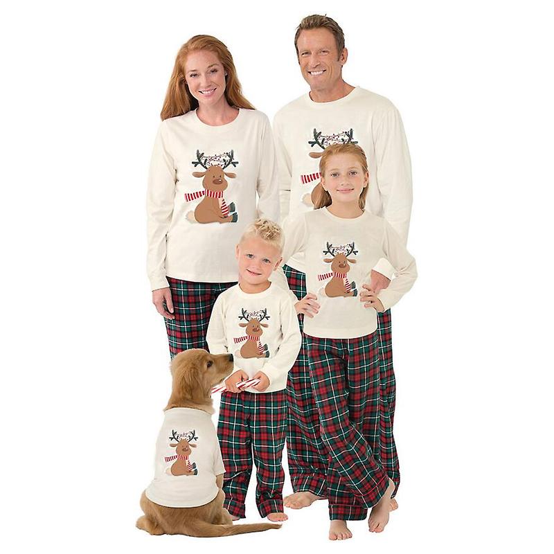 2024 New Family Christmas Pajamas Matching Set, Elk Print Long-Sleeve Tops with Plaid Pants Xmas Pj's Clothes Homewear Sleepwear Loungewear Nightwear for Adult, Kid, Baby, Dog Womenswear Polyester