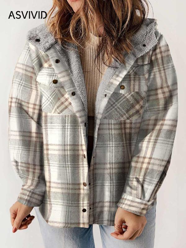  Plus Size Plaid Print Button Front Drop Shoulder Fuzzy Hooded Coat, Casual Long Sleeve Pocket Outerwear for Fall & Winter, Women's Clothes for Daily Wear