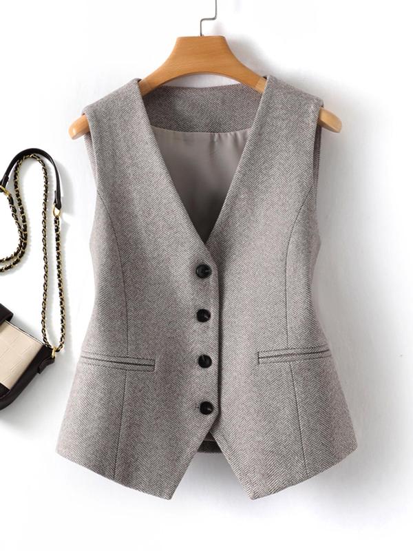 Women's Solid Color Button Front Fake Pocket Vest Blazer, Casual V Neck Sleeveless Outerwear for Fall & Winter, Vest Jacket, Ladies Clothes for Work Business