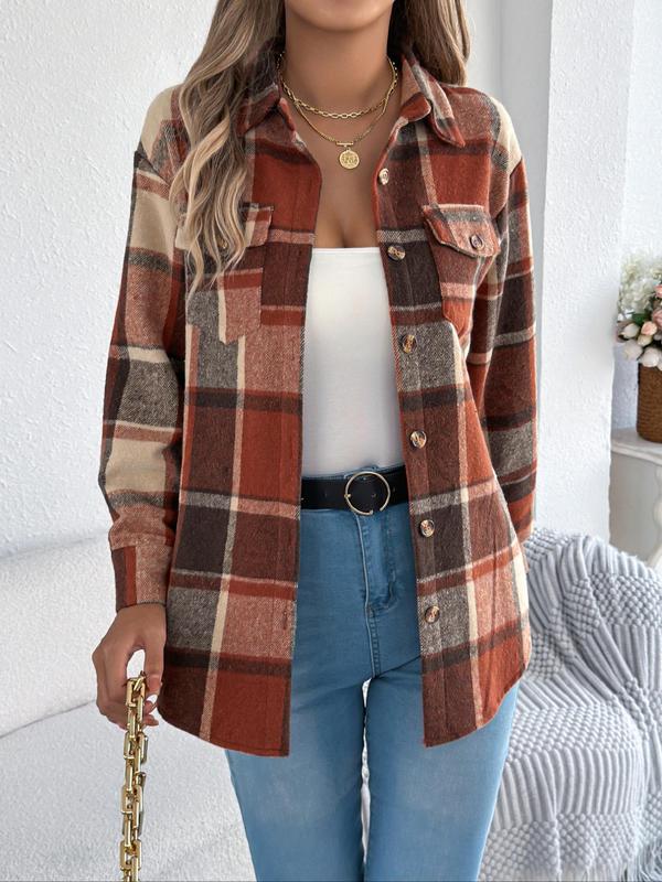 Women's Color-blocked Plaid Print Button Front Drop Shoulder Shirt Coat, Casual Long Sleeve Collared Flannel Outerwear for Fall & Winter, Ladies Clothes for Daily Wear