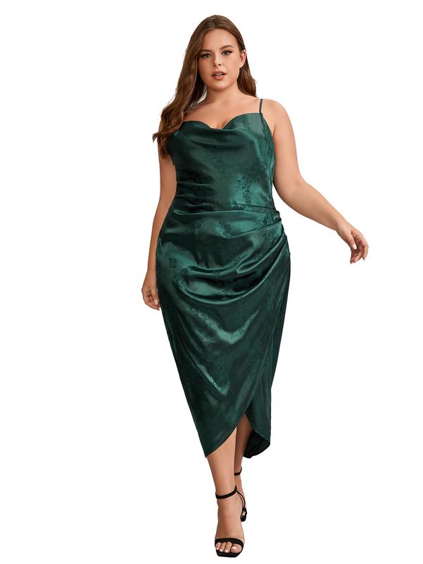 Plus Size Satin Spaghetti Strap Cowl Neck Wrap Party Cami Dress