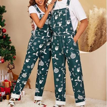 Odefou Christmas Overalls Women Men Coveralls Couple Gift Ideas denim  overalls Santa Claus Print Women's Bib Overalls