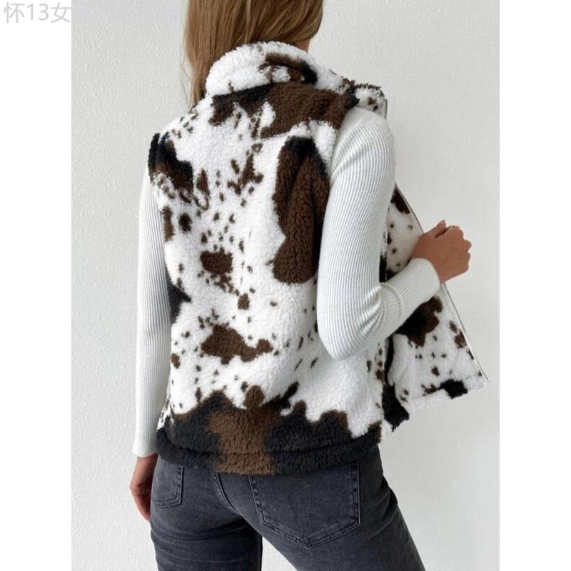 Women's Cow Print Zip Up Plush Gilet, Casual Pocket Collared High Neck Vest Outerwear for Fall & Winter, Winter Clothes Women, Clothing Tops for Lady Daily Wear, Going Out Outfits 2024, Fall Outfits Comfort Womenswear Comfort Womenswear Chic Comfortable