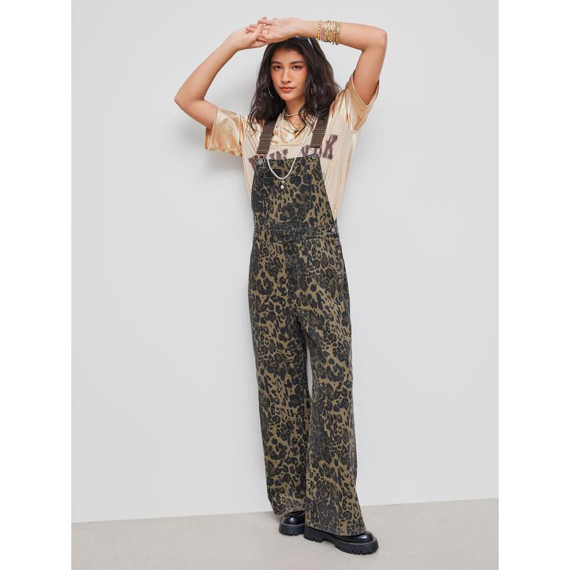 Cider [size 0-26] Oversized Denim Leopard Pocket Buckle Up Wide Leg Jumpsuit, Womenswear Overalls