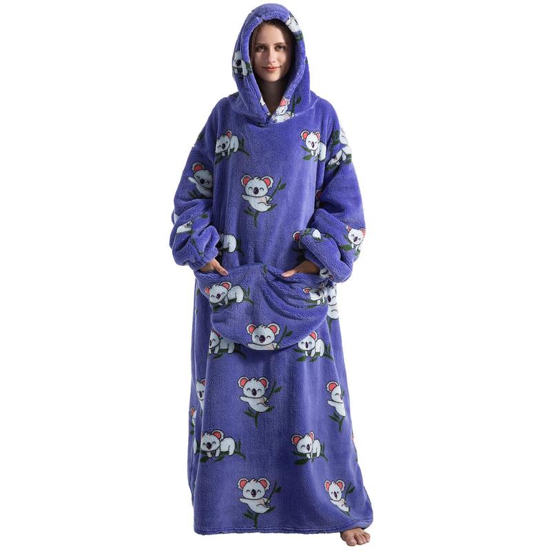 Cute Cartoon Print Home Hoodie Blanket (1 Count), 320GSM Oversized Wearable Hooded Sweatshirt Pullover, Breathable Comfortable Hoodie Nightgown with Big Pocket, Christmas Blanket, Christmas Gifts, Stocking Fillers, Christmas Gifts, Christmas Gifts, Christ