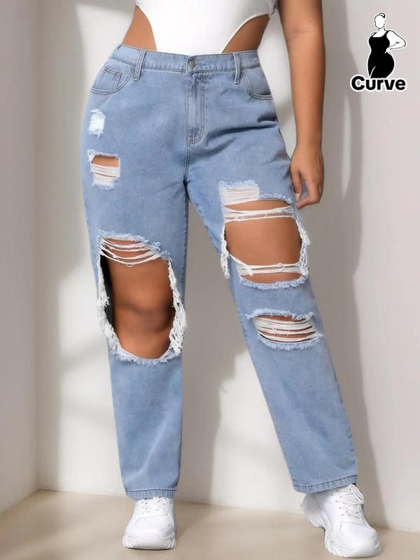  Ripped Button Fly Straight Leg Jeans, Fashion Streetwear, Casual Pocket Elastic Waist Distressed Denim Pants for Daily Outdoor Wear, Baggy Jeans, Women Plus Size Clothing for All Seasons