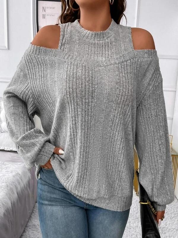 Women's Plain Cut Out Cold Shoulder Sweater, Casual Drop Shoulder Long Sleeve Jumper for Fall & Winter, Women's Knitwear for Daily Wear