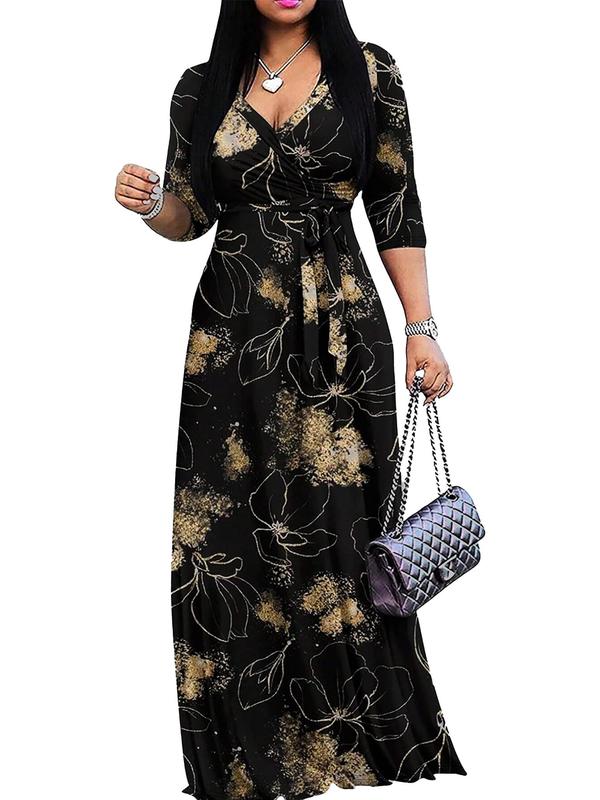 Women's All Over Print Belted Wrap Dress, Elegant V Neck 3 4 Sleeve Long Dress for Summer,  Dresses for Women, Women's Clothing for Daily Wear