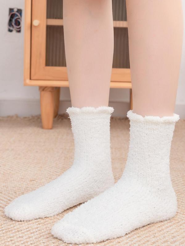 Women's 4 Pairs Solid Fuzzy Crew Socks, Thicker Warm Comfy Floor Socks for Daily Wear, Women's Socks for Winter