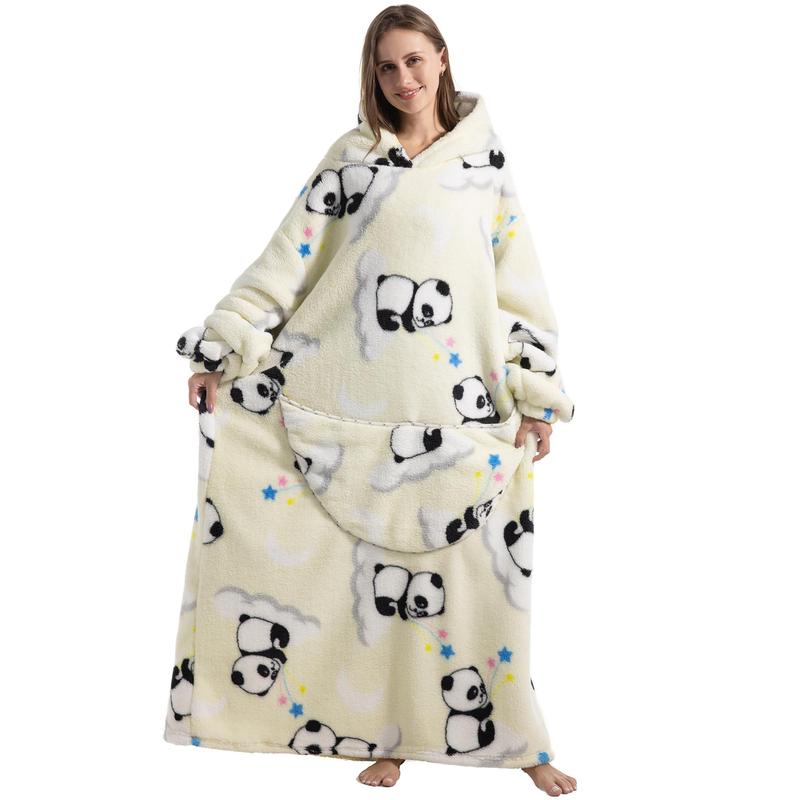 Cute Cartoon Print Home Hoodie Blanket (1 Count), 320GSM Oversized Wearable Hooded Sweatshirt Pullover, Breathable Comfortable Hoodie Nightgown with Big Pocket, Christmas Blanket, Christmas Gifts, Stocking Fillers, Christmas Gifts, Christmas Gifts, Christ