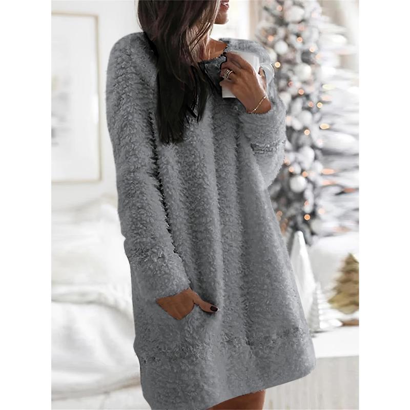 Casual solid fleece nightdress, thicken long sleeve round neck sleep dress with pockets, WOMEN'S sleepwear & dresses