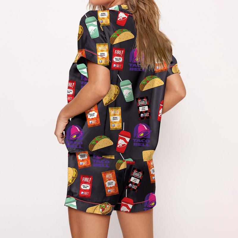 Taco Bell Pajama Set Print Comfy Cotton Sleepwear & Loungewear Pjs Short Sleeve Top & Shorts - Black