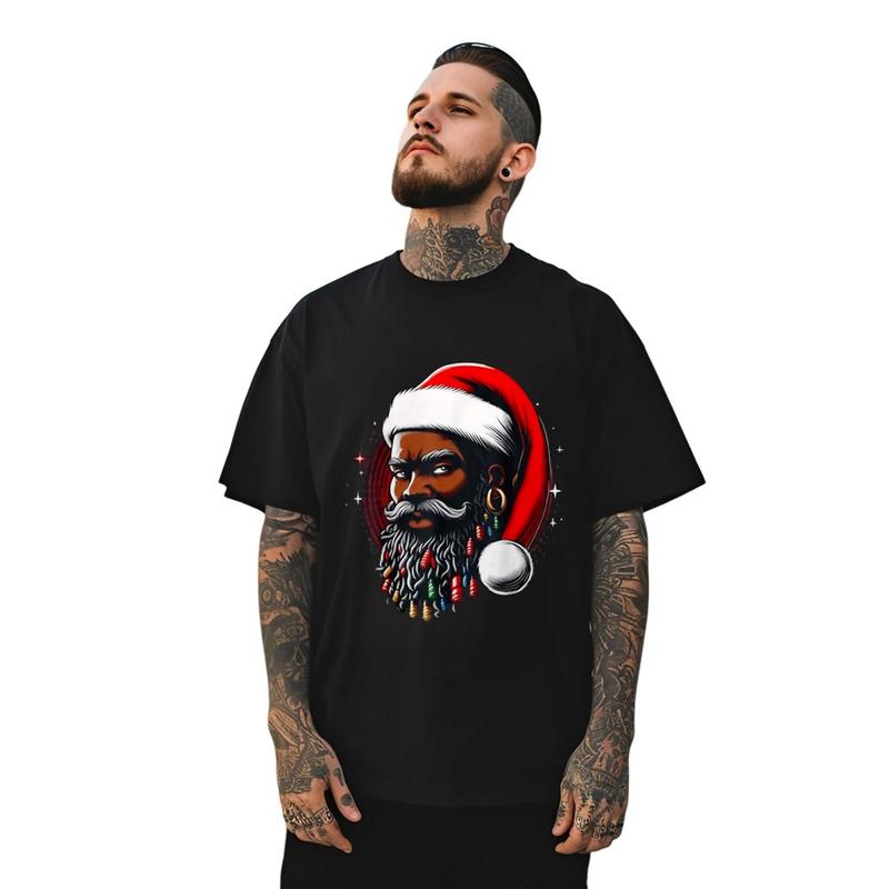 Santa Christmas African American Pyjamas Cool Black X-Mas T-Shirt, 100% Cotton, Halloween Thanksgiving Christmas Gift for Men Women Family Friends, S-XXXL, Black