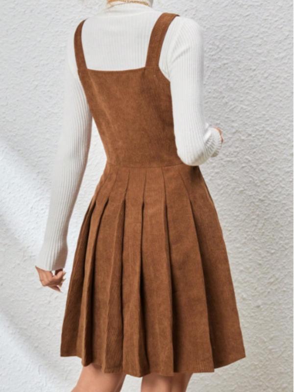 Women's Plain Button Front Corduroy Dress without Inner Top, Cute Square Neck Pleated Tank Dress for Daily Wear, Ladies Clothes for All Seasons