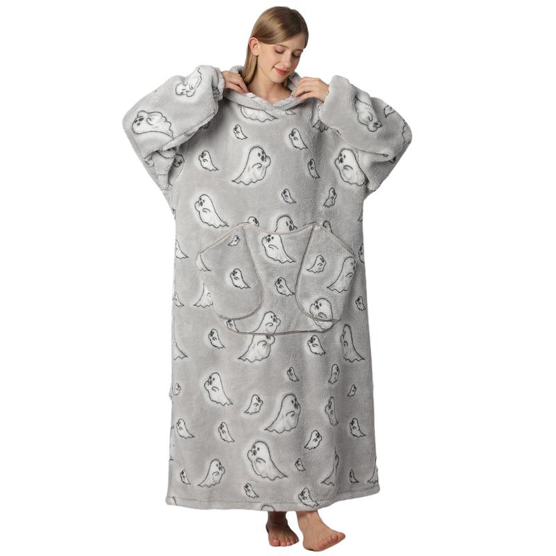 Cute Cartoon Print Home Hoodie Blanket (1 Count), 320GSM Oversized Wearable Hooded Sweatshirt Pullover, Breathable Comfortable Hoodie Nightgown with Big Pocket, Christmas Blanket, Christmas Gifts, Stocking Fillers, Christmas Gifts, Christmas Gifts, Christ