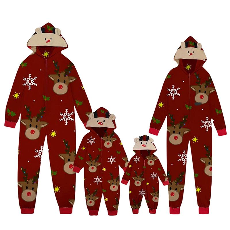 2024 New Cute Christmas Family Matching Jumpsuit Pajamas , Long Sleeve Hooded Elk Print Zipper Closure Homewear Sleepwear Loungewear Nightwear Xmas Pj's Clothes Womenswear Baby