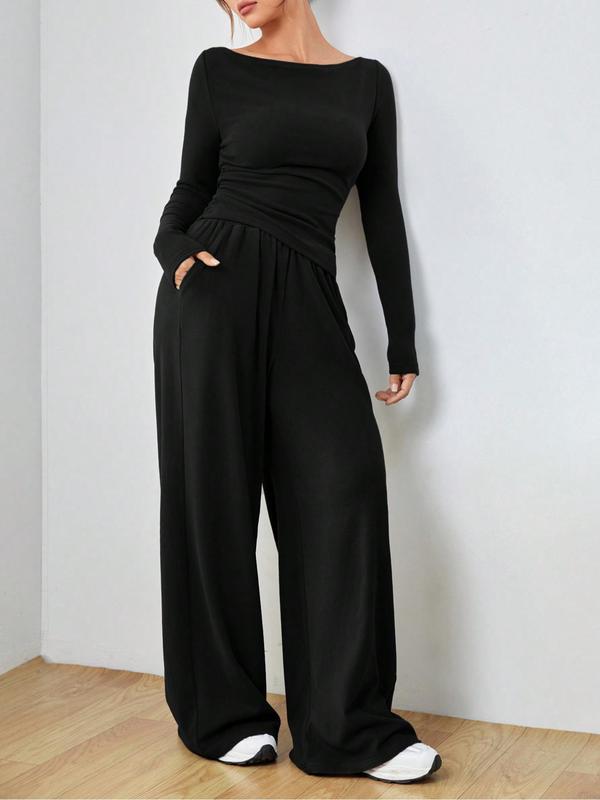 Women's Solid Asymmetrical Hem Top & Wide Leg Pants Two-piece Set, Casual Long Sleeve Round Neck Top & Pocket Trousers for Summer, Ladies Clothes for Daily Wear