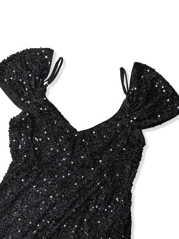 Plus Size Cold Shoulder Split Thigh Glitter Sequins Evening Dress, Elegant Adjustable Spaghetti Strap Wrap Maxi Dress for Evening Party Gown, Dresses for Women, Plus Size Women's Clothing, Plus Size Dresses, Black Dresses