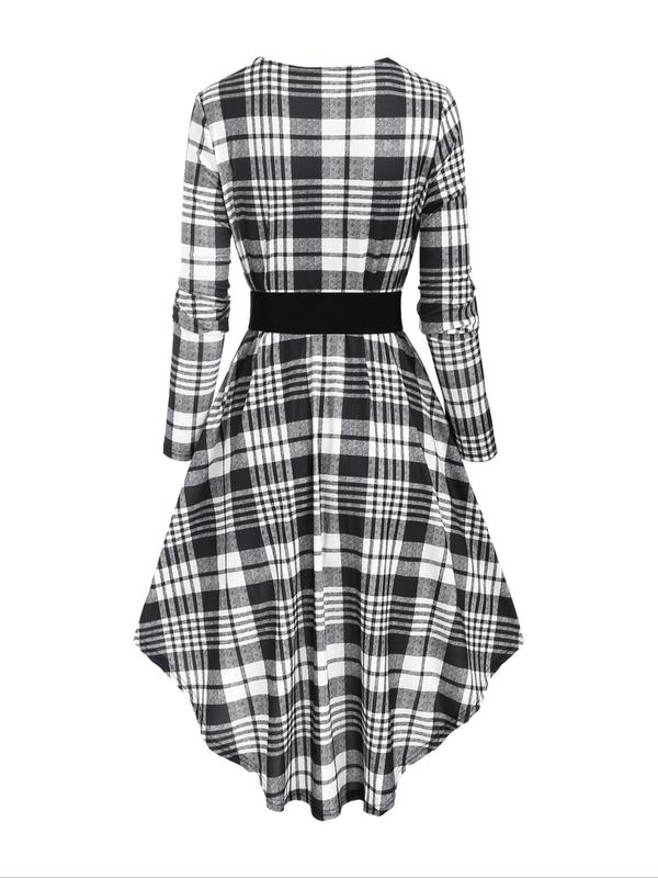 Women's Patchwork Plaid Print Button Detail Ruched High Low Dress, Elegant Buckle Decor Sweetheart Neck Long Sleeve A Line Dress for Spring & Fall, Women's Clothing for Daily Wear