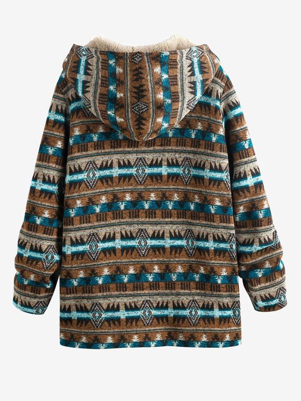 Women's Vintage Tribal Print Zip Up Pocket Fleece Hooded Coat, Long Sleeve Teddy Lined Coat for Fall & Winter, Winter Coats Women, Women Clothes for Daily Wear, Longsleeves Tops for Lady, Casual Womenswear, Coats for School